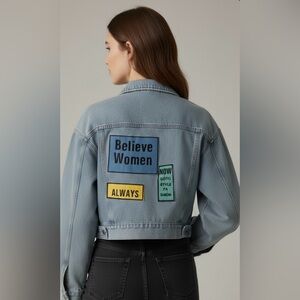 Quang Phat Women’s Crop Open Front Denim Jacket Believe Women Patch